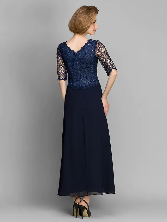 Side view of the ankle-length formal dress with delicate pleats.