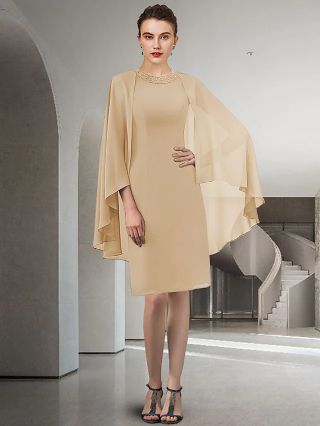 Elegant chiffon Mother of the Bride dress with jewel neck, long sleeves, beading, and ruffles.