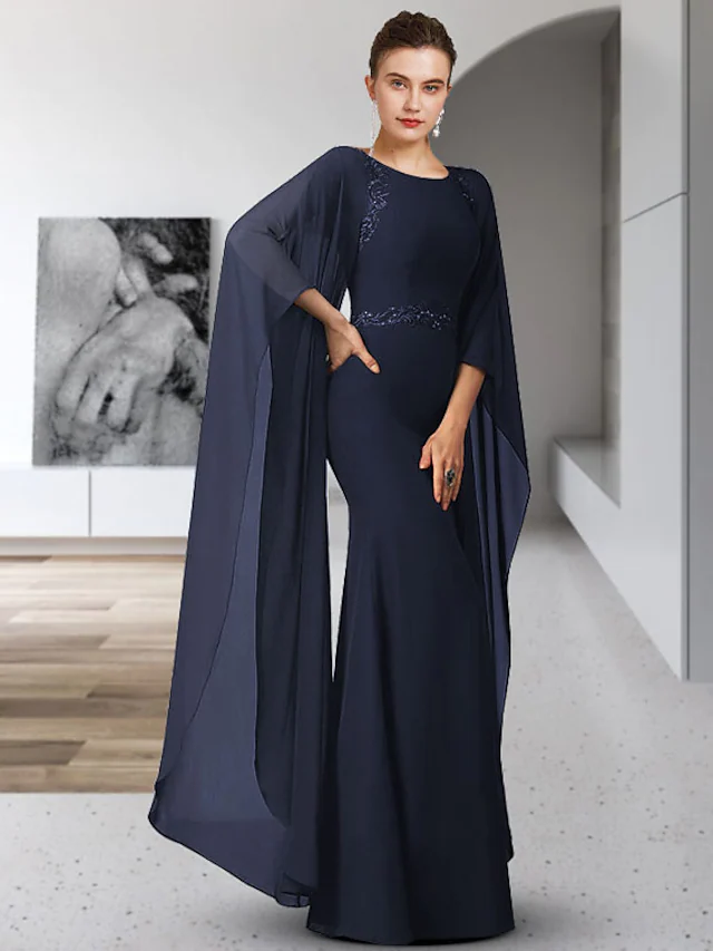 Elegant Mother of the Bride chiffon gown with jewel neck, long sleeves, sash, and appliques.