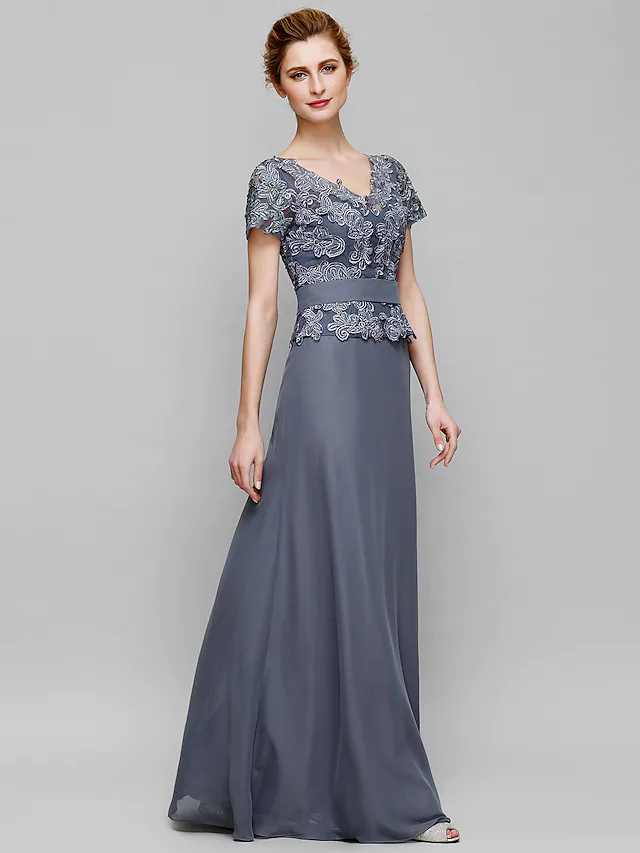Elegant V-neck chiffon lace Mother of the Bride dress, floor length.
