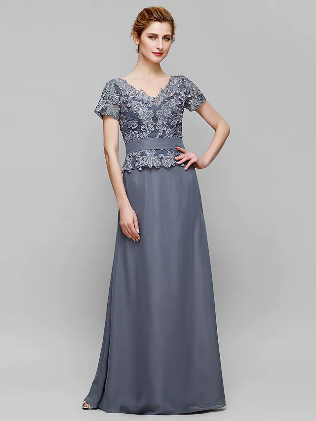 Back view of the floor-length Mother of the Bride gown with short sleeves.