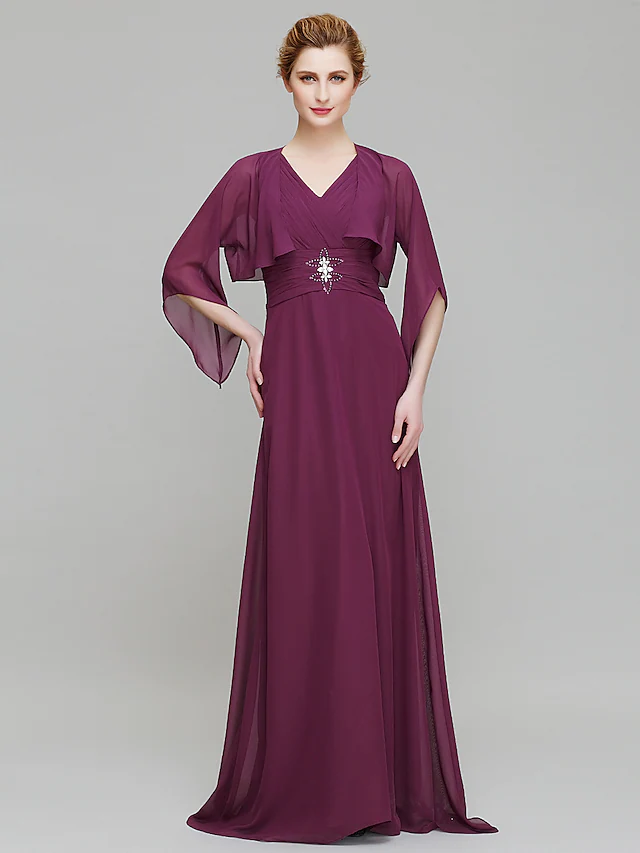 Elegant chiffon Mother of the Bride dress with V-neck and 3/4 sleeves.