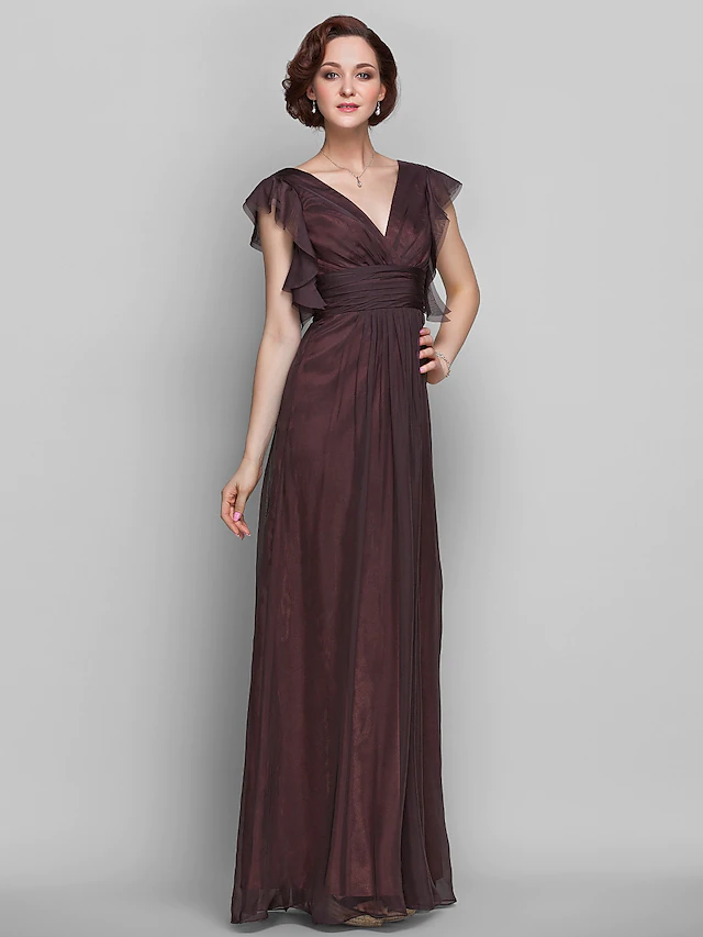Elegant Mother of the Bride chiffon dress with V-neck and short sleeves.