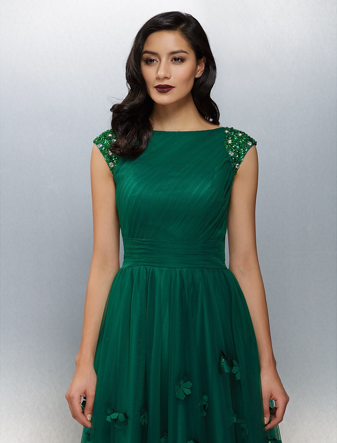 Back view of the A-Line floral dress, showcasing the floor length.