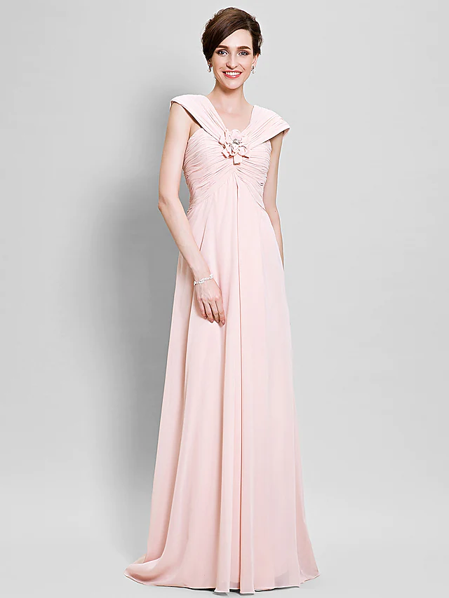 Elegant floral chiffon Mother of the Bride dress with V-neck and floor length.
