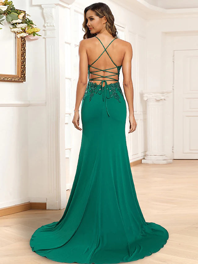 Close-up of the floral sequin detail on the formal prom dress.