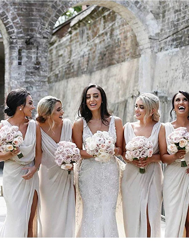 Side view of a ruched V-neck chiffon bridesmaid dress.