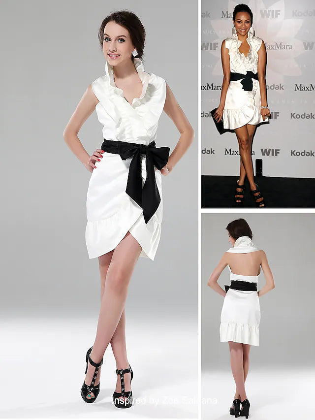 Full view of a blush halter sheath mini dress, showcasing the satin fabric and design.
