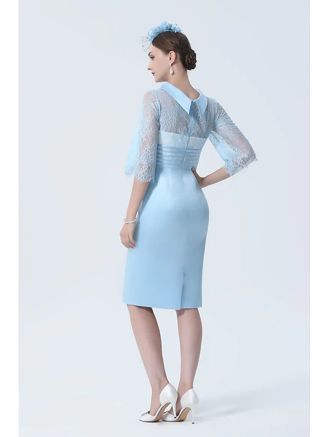 Side view of the charmeuse mother of the bride dress, highlighting the knee length.
