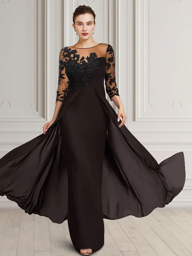 Elegant Mother of the Bride dress with jewel neck, 3/4 sleeves, chiffon lace, and appliques.