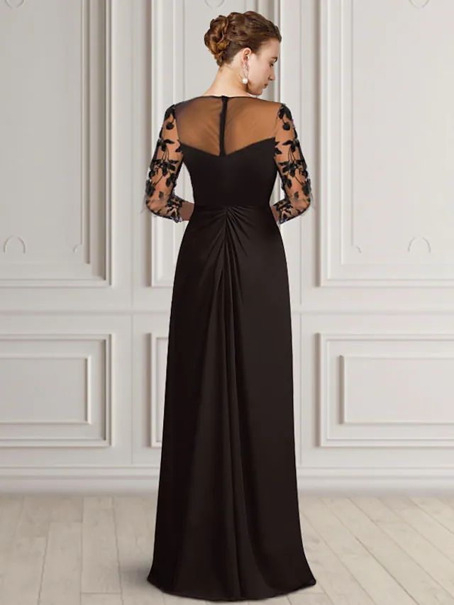 Back view of the elegant Mother of the Bride dress, showcasing floor length and delicate lace details.