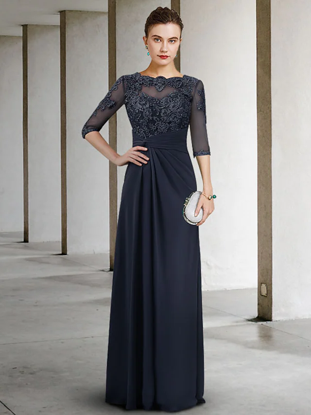 Elegant light blue Mother of the Bride dress with jewel neck, half sleeves, lace, and pleats.