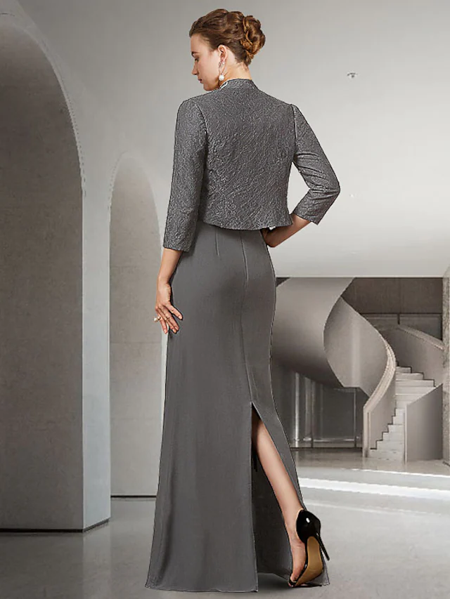 Back view of the elegant floor-length Mother of the Bride gown.