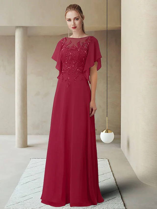 Elegant Mother of the Bride gown with jewel neck, half sleeves, and floor-length chiffon lace.