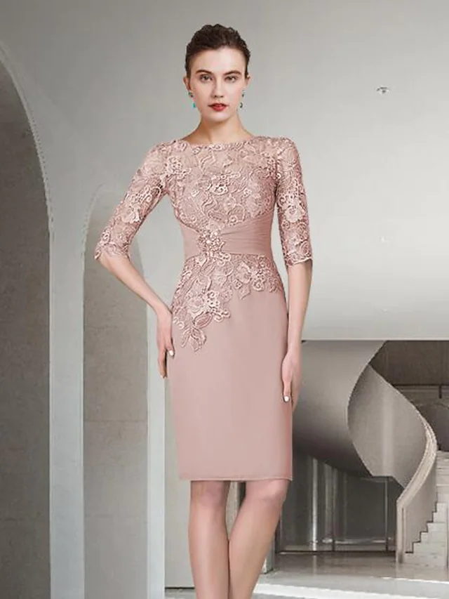 Elegant Mother of the Bride dress with jewel neck, half sleeves, and ruched lace details.