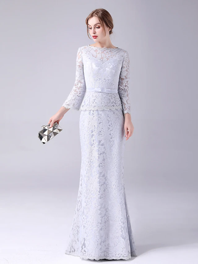 Elegant Mother of the Bride dress with jewel neck and long lace sleeves.