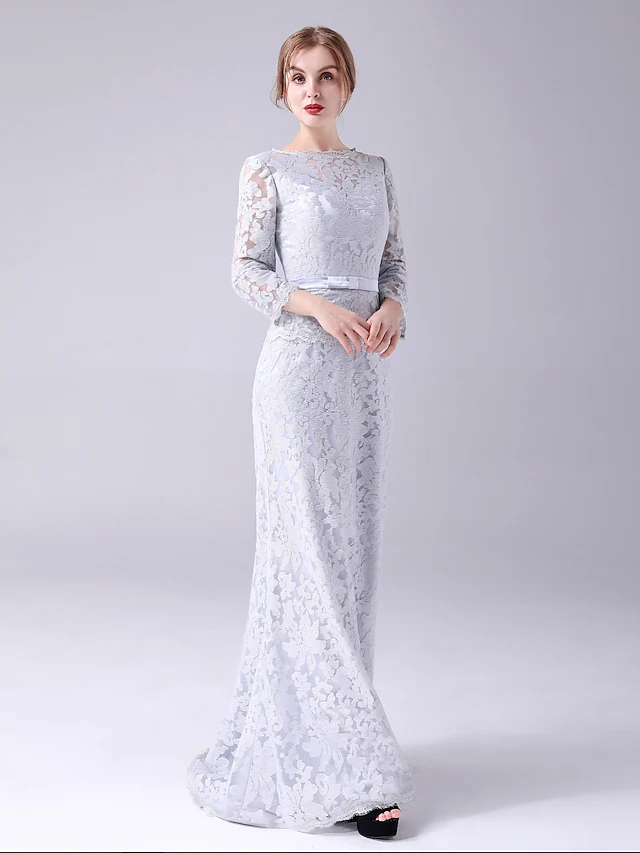 Side view of a sophisticated lace Mother of the Bride dress.