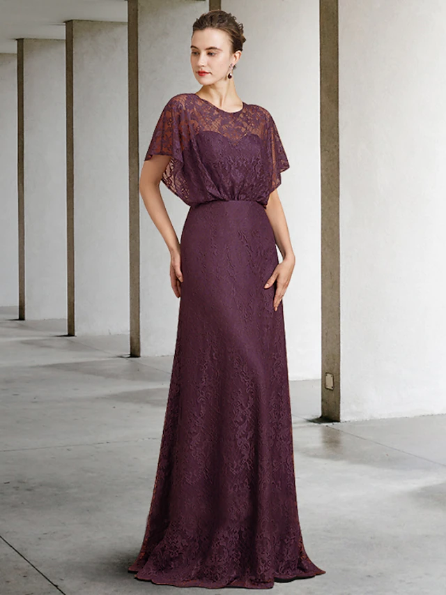 Elegant lace Mother of the Bride dress with jewel neck and short sleeves.