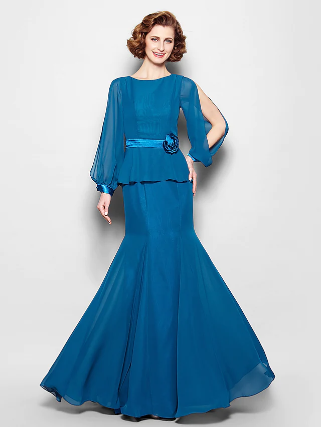 Elegant Mother of the Bride dress with jewel neck, long sleeves, and sash.