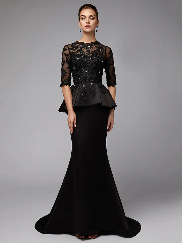Navy blue mermaid Mother of the Bride dress with jewel neck and half sleeves, front view.
