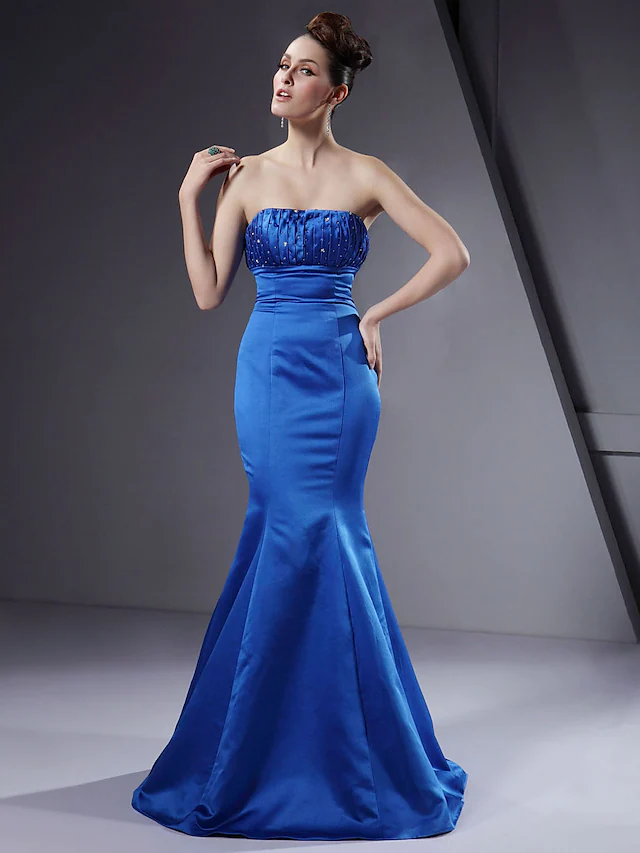 Elegant strapless floor-length satin bridesmaid dress with intricate beading and draping.