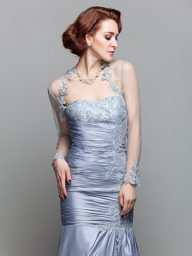 Full view of the mermaid Mother of the Bride dress without the wrap, showing the strapless design.