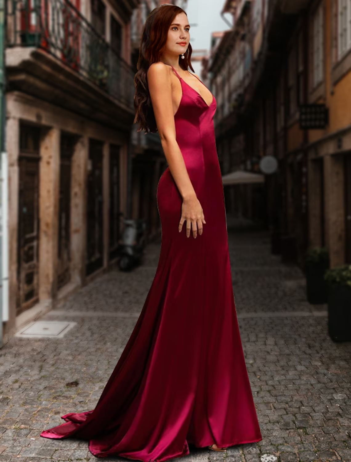 Woman in a vibrant green backless mermaid prom dress, featuring a sweetheart neckline.