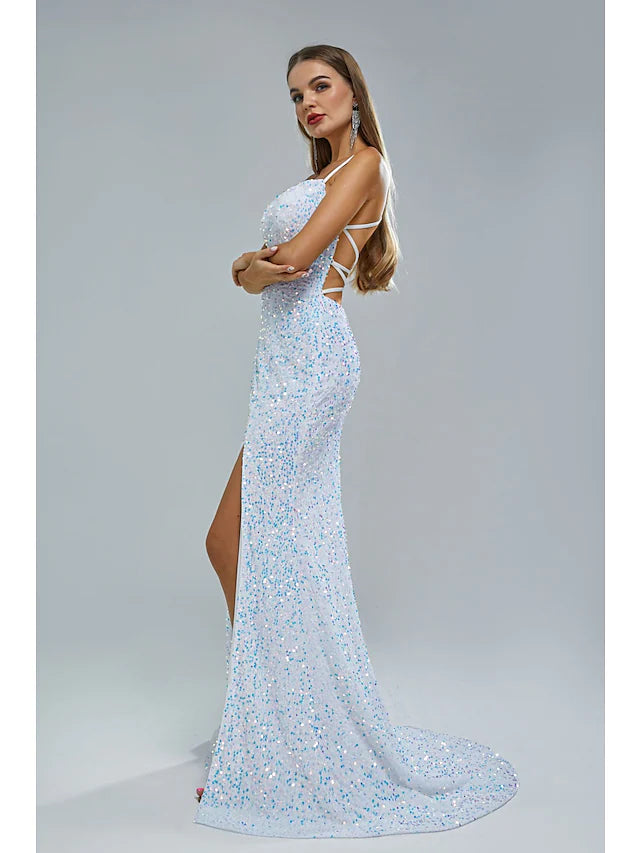 Back view of Mermaid Trumpet gown with crisscross lace straps.