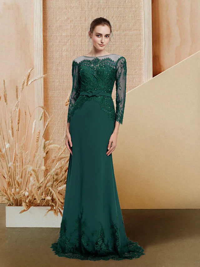 Elegant Mermaid Trumpet evening gown with long sleeves and jewel neck, featuring sequin appliques and a sweep train.