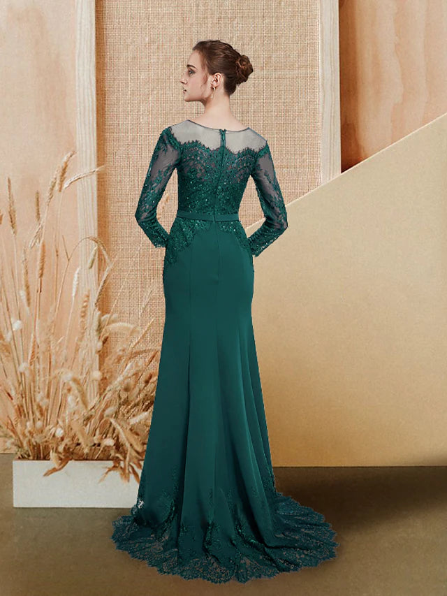 Back view of the Mermaid Trumpet evening gown, showcasing the sweep train and bow details.