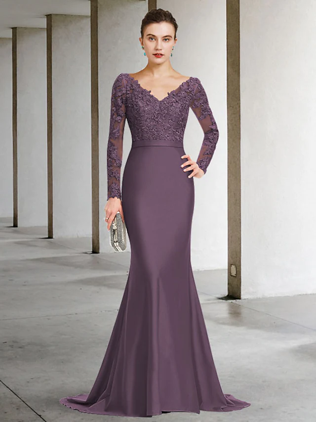 Elegant Mother of the Bride dress with V-neck, long sleeves, and lace appliques.