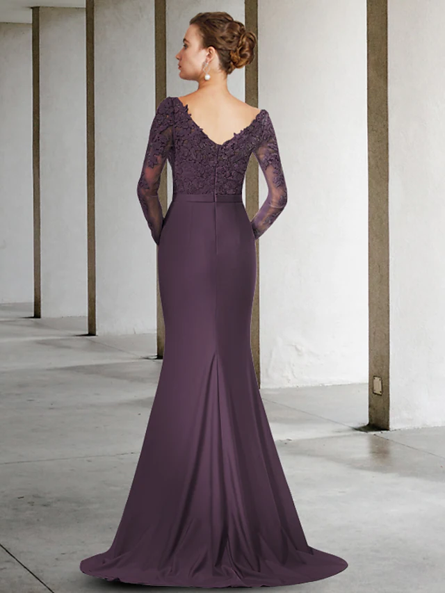 Back view of the Mother of the Bride dress, showing the flowing chiffon skirt.