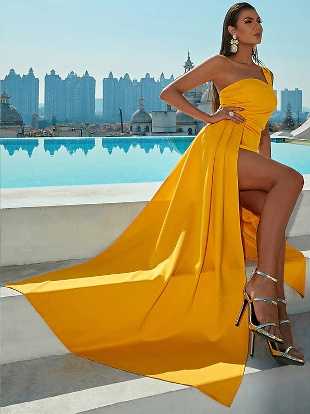 Back view of the mermaid trumpet evening gown showing the sweep train.