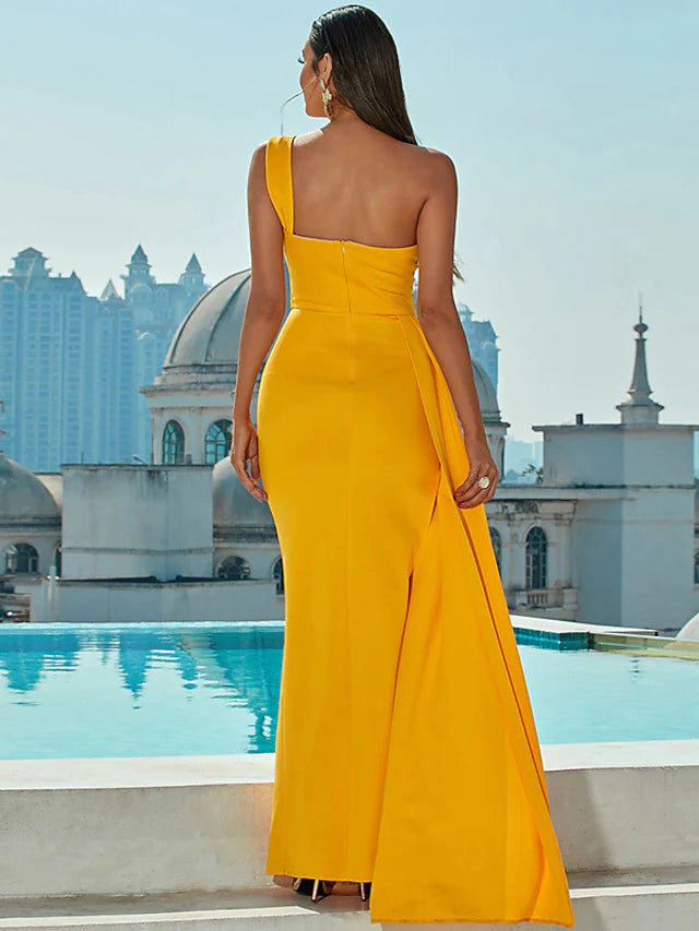 Close-up of the one-shoulder neckline and ruched bodice of the formal dress.