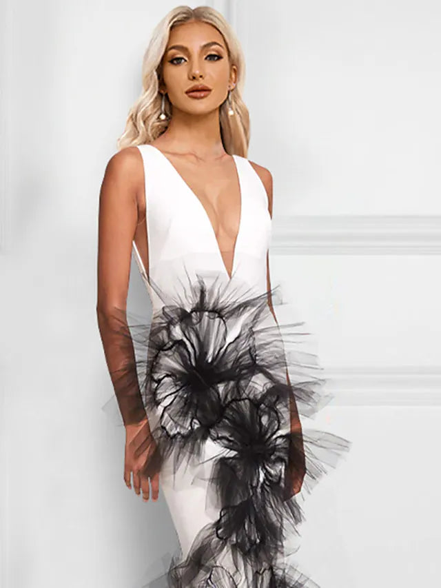 Full view of the formal floor-length color block evening dress.