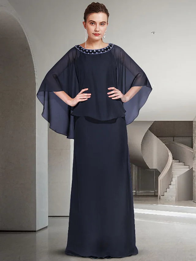 Elegant Mother of the Bride chiffon dress with jewel neck and long sleeves.