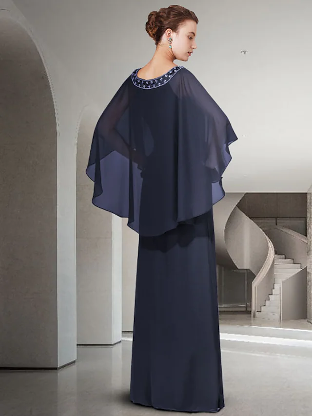 Floor-length Mother of the Bride gown featuring elegant ruffles and chiffon fabric.
