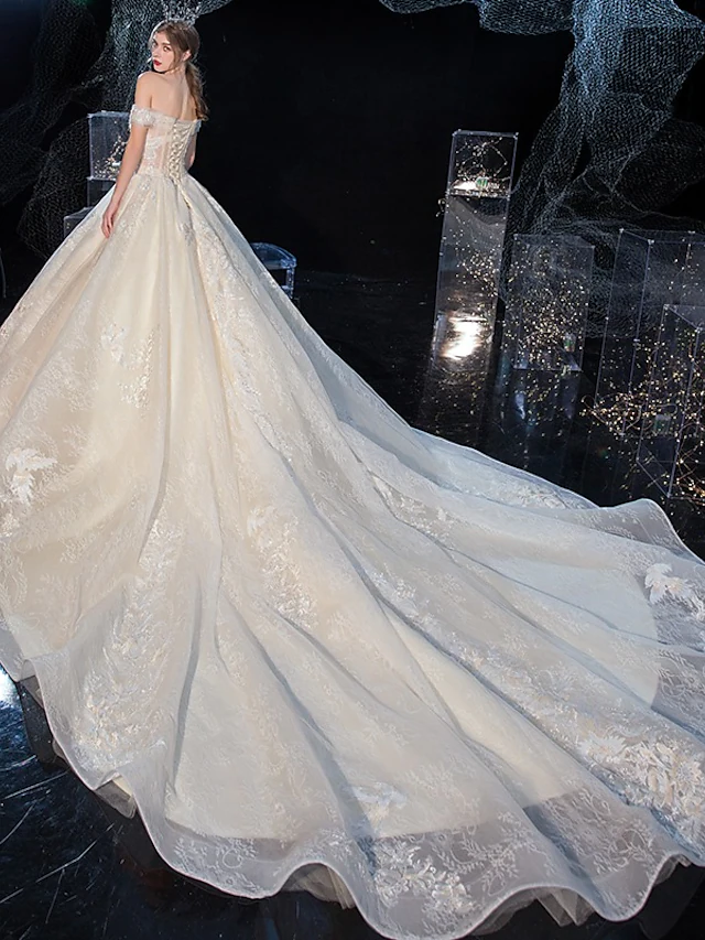Close-up of the lace and crystal embroidery on an off-shoulder wedding dress.