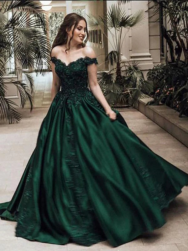 Aqua off-shoulder lace satin ball gown prom dress.