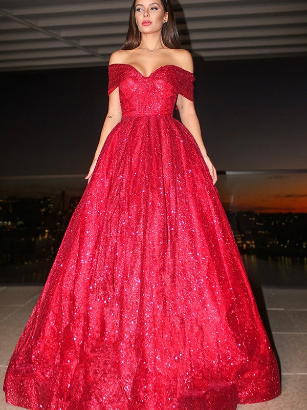 Elegant off-shoulder satin ball gown with ruffles, floor-length, shown from the front.