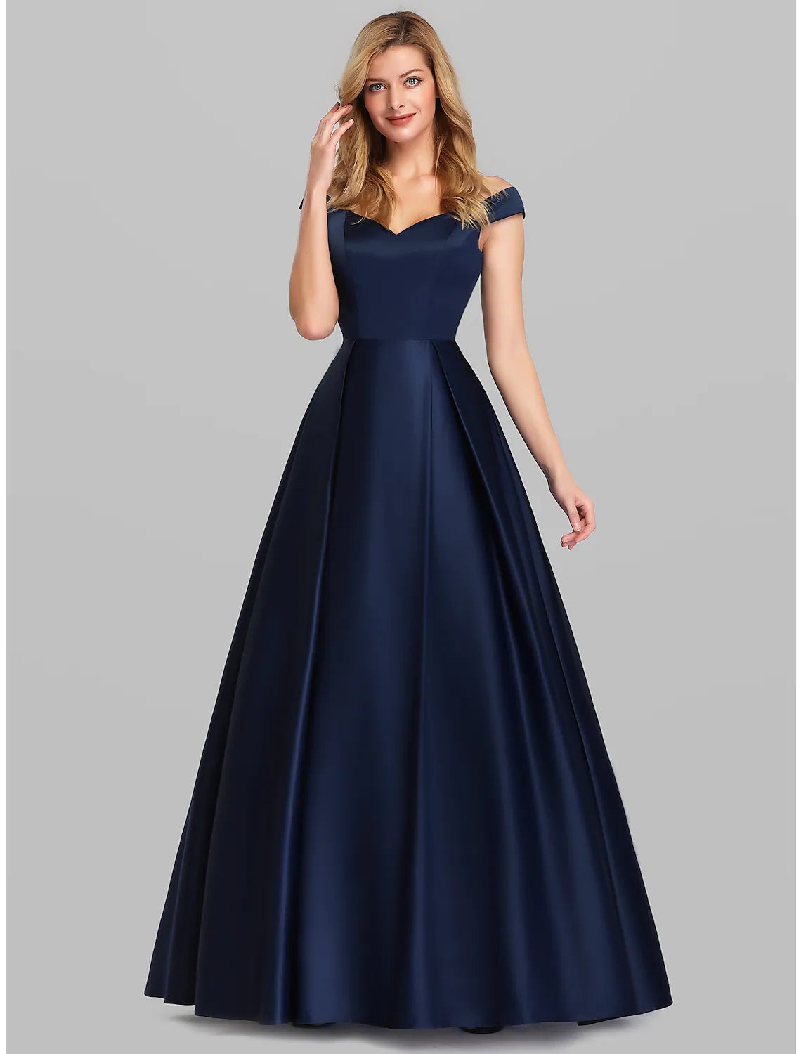 Full view of the elegant off-shoulder satin ball gown with pleats.