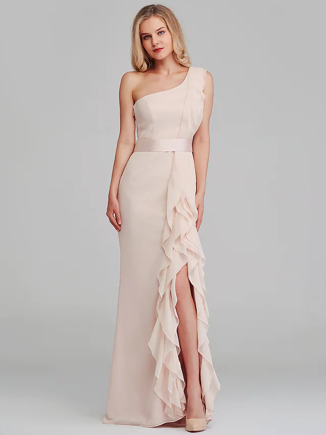 Elegant one-shoulder chiffon bridesmaid dress with cascading ruffles.
