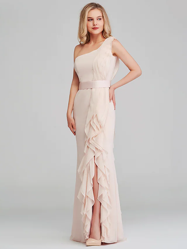 Side view of a bridesmaid in a one-shoulder chiffon gown.
