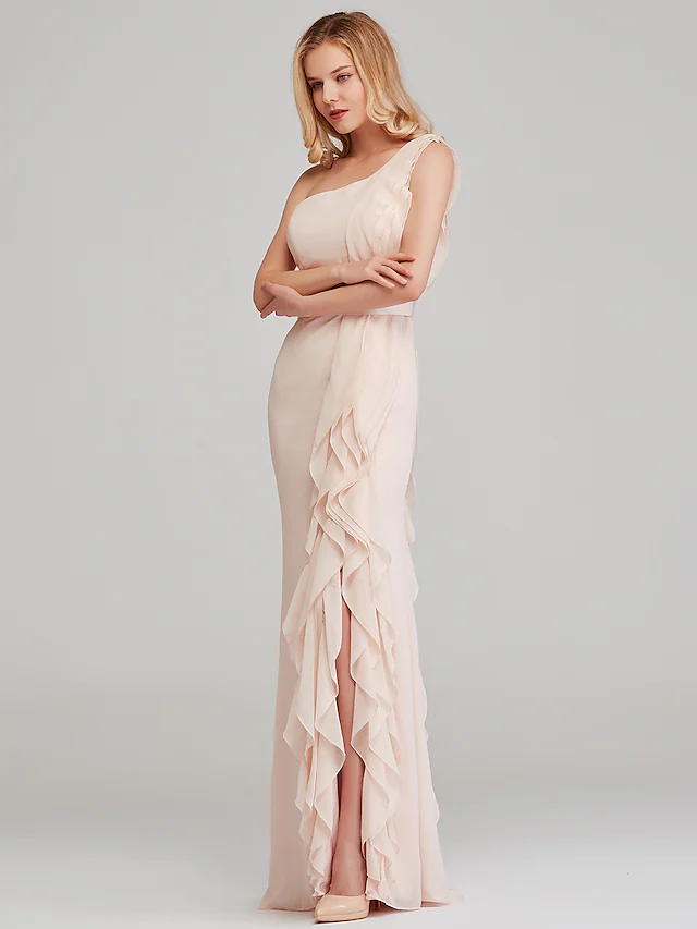 Close-up of the cascading ruffles on a chiffon bridesmaid dress.