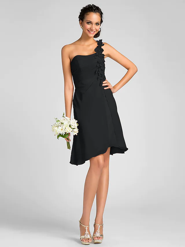 Elegant one-shoulder knee-length chiffon bridesmaid dress with side draping and flower detail.