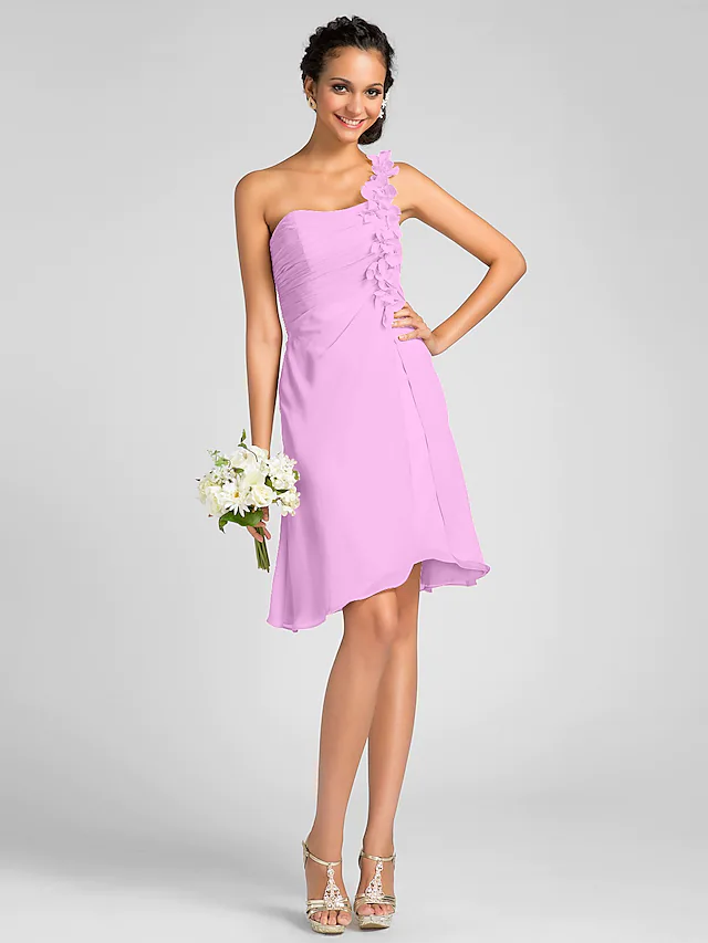 Full view of a model wearing the one-shoulder knee-length chiffon bridesmaid dress.