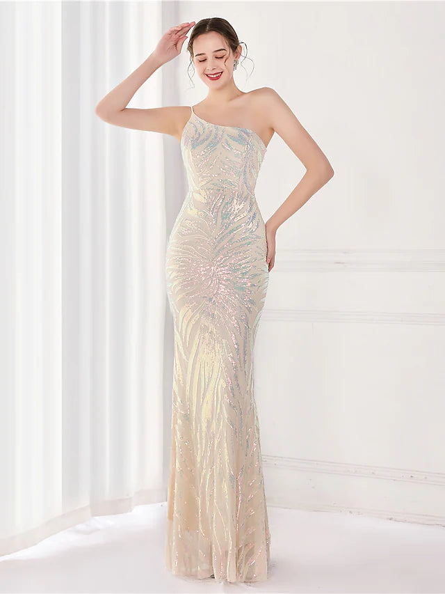 Back view of a floor-length sequined evening gown featuring a V-back.