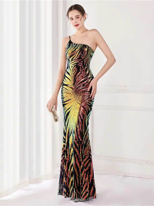 Front view of a glamorous one-shoulder sequined mermaid dress.