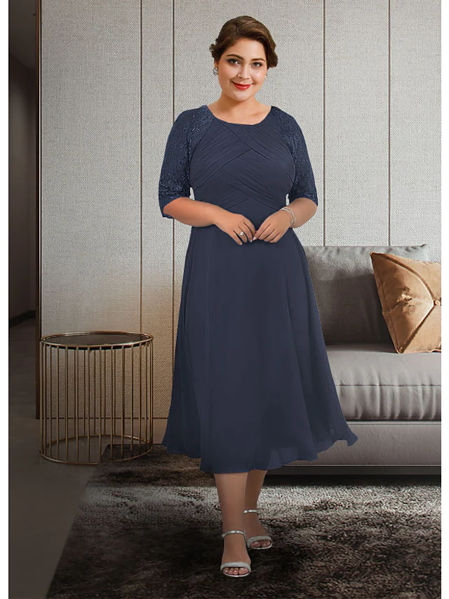 Elegant plus size A-line Mother of the Bride dress with jewel neck and half sleeves, front view.