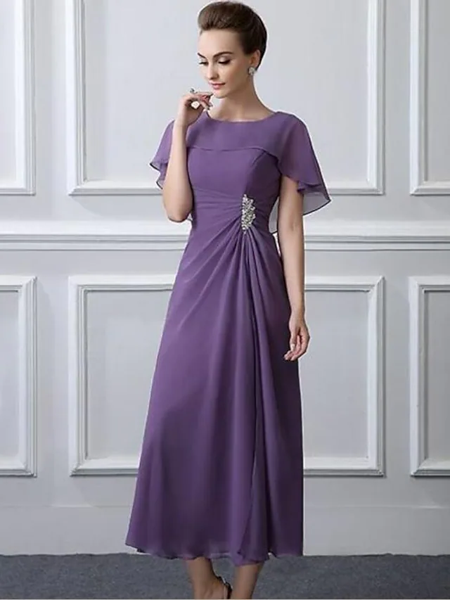 Side profile of the A-line chiffon dress, showcasing short sleeves.